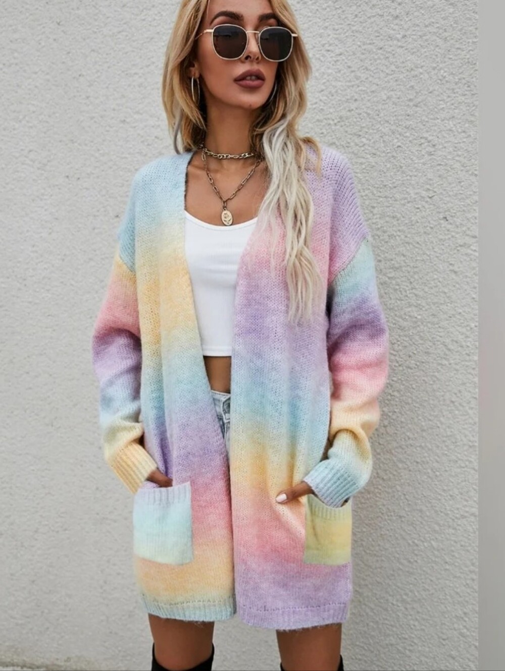 💕Pastel Gradient Open-Front Women’s Cardigan Sweater - Pink/Blue/Yellow S-L